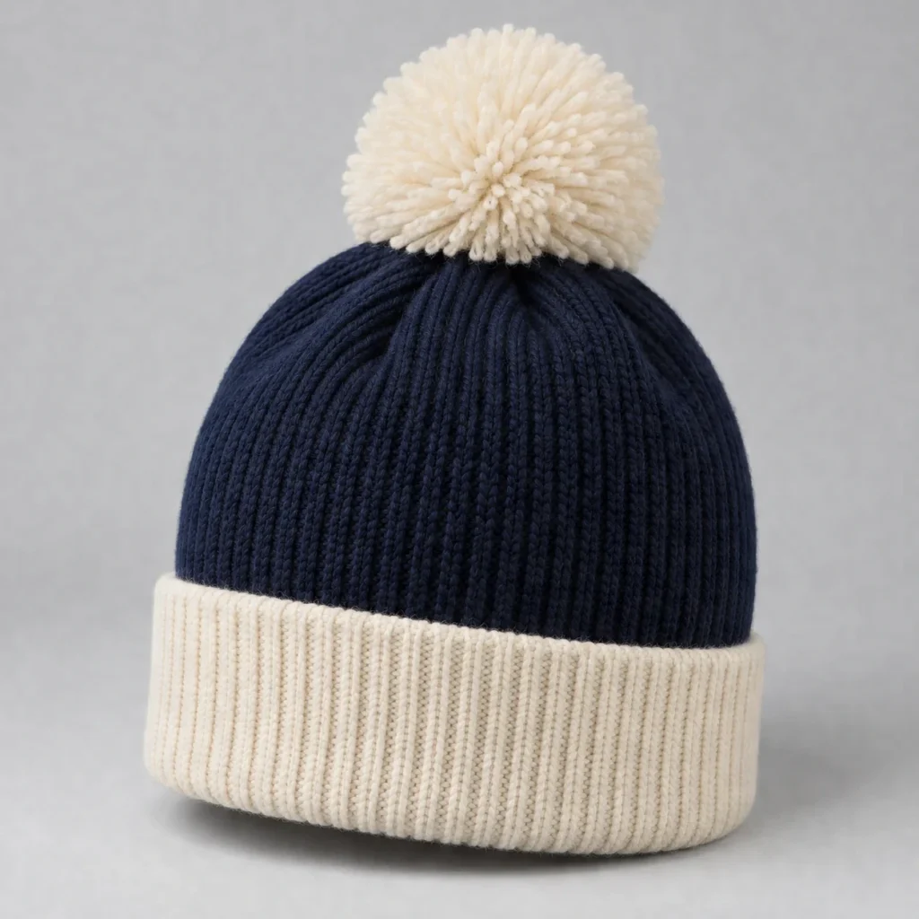 Navy body, cream cuff and pom-pom Two-tone Pom-pom Beanie, three-quarter front view