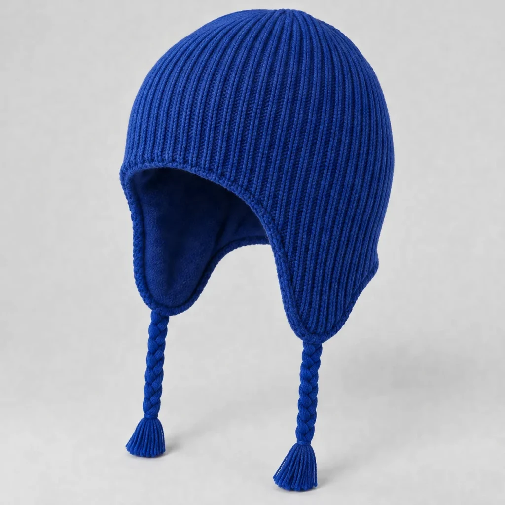 Royal blue Earflap Beanie, three-quarter front view
