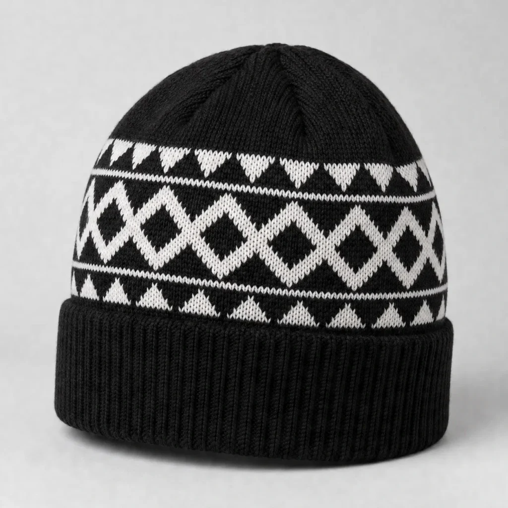 Black with a white geometric band Jacquard Beanie, three-quarter front view