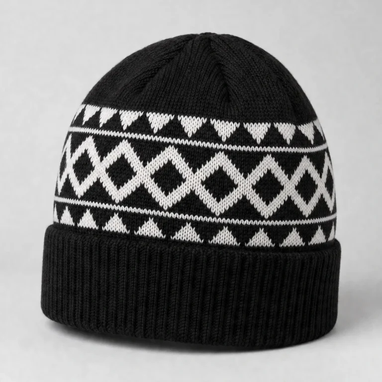 Black with a white geometric band Jacquard Beanie, three-quarter front view