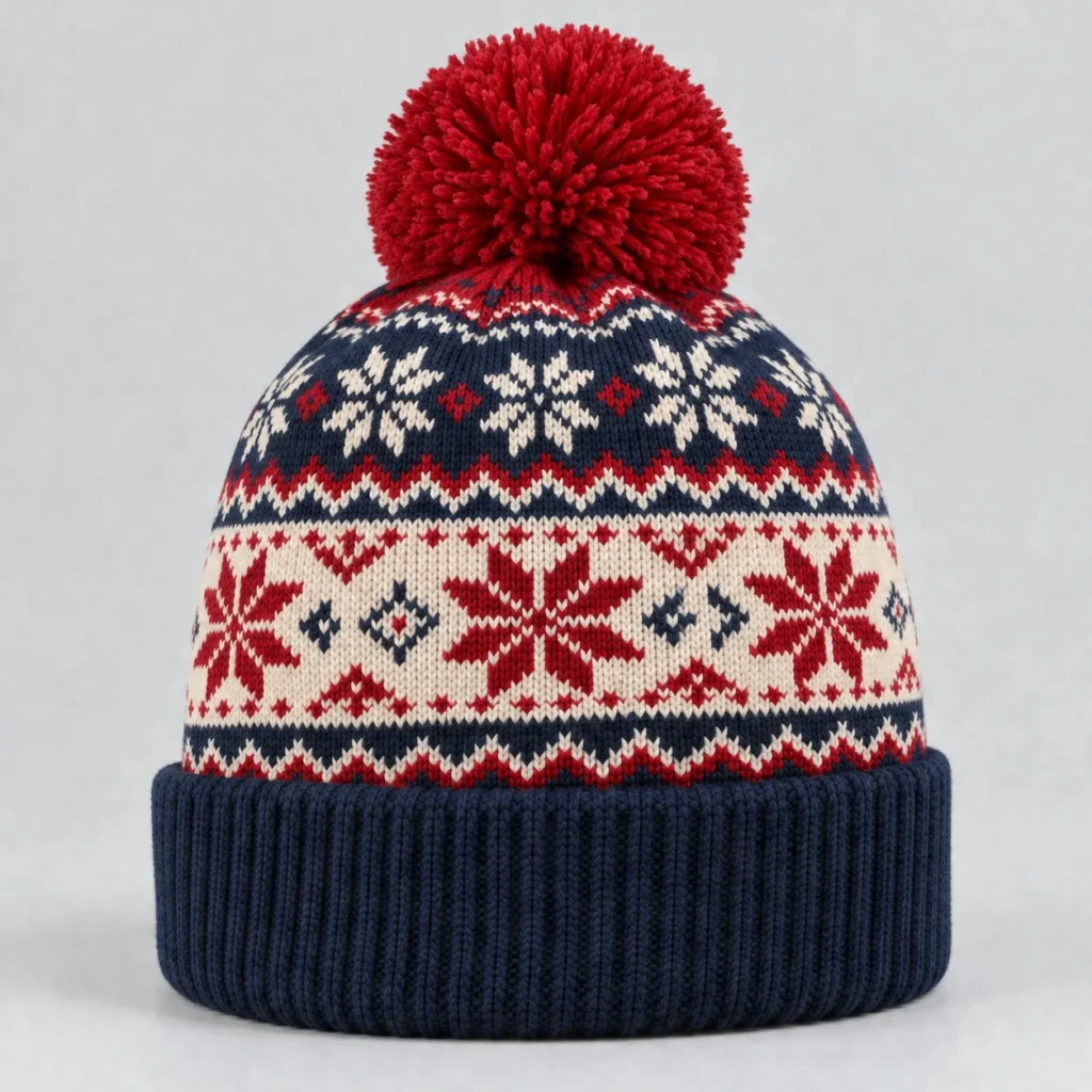 Red, navy and cream Fair Isle Beanie, three-quarter front view