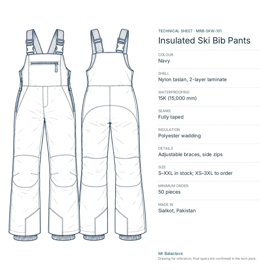 Technical drawing of the navy Insulated Ski Bib Pants with fabric, construction, size and minimum order