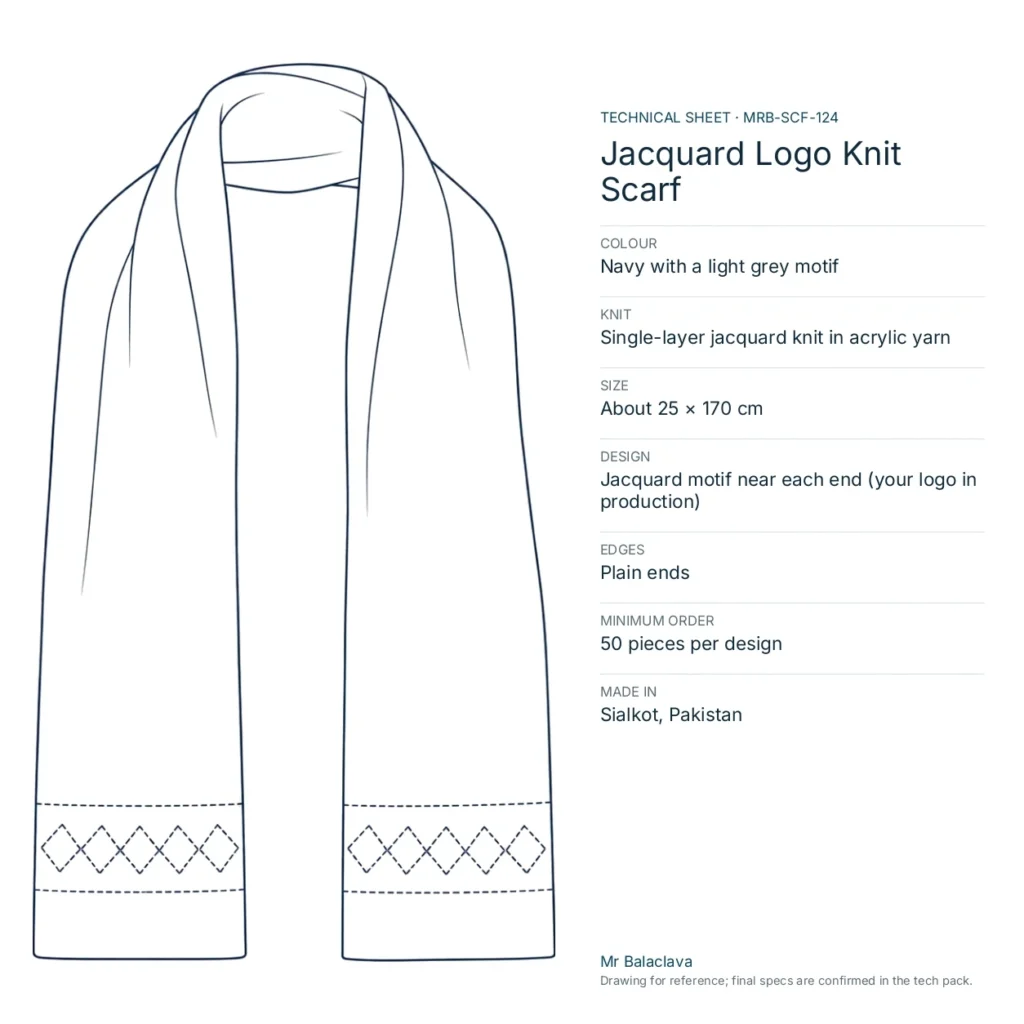 Technical drawing of the Jacquard Logo Knit Scarf (navy with a light grey motif) with fabric, size, design and minimum order
