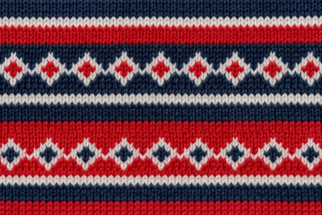 Gros plan d’une maille de chaussette jacquard bleu marine, rouge et blanche