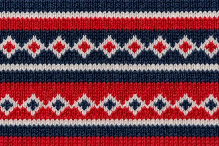 Close-up of a navy, red and white jacquard sock knit