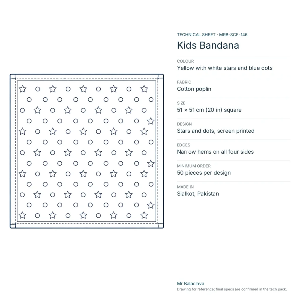 Technical drawing of the Kids Bandana (yellow with white stars and blue dots) with fabric, size, design and minimum order