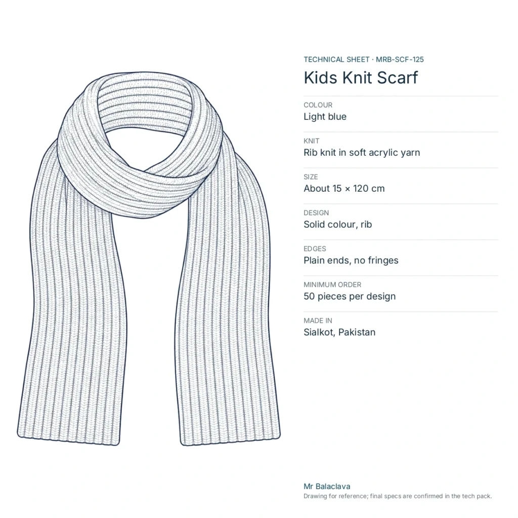 Technical drawing of the Kids Knit Scarf (light blue) with fabric, size, design and minimum order