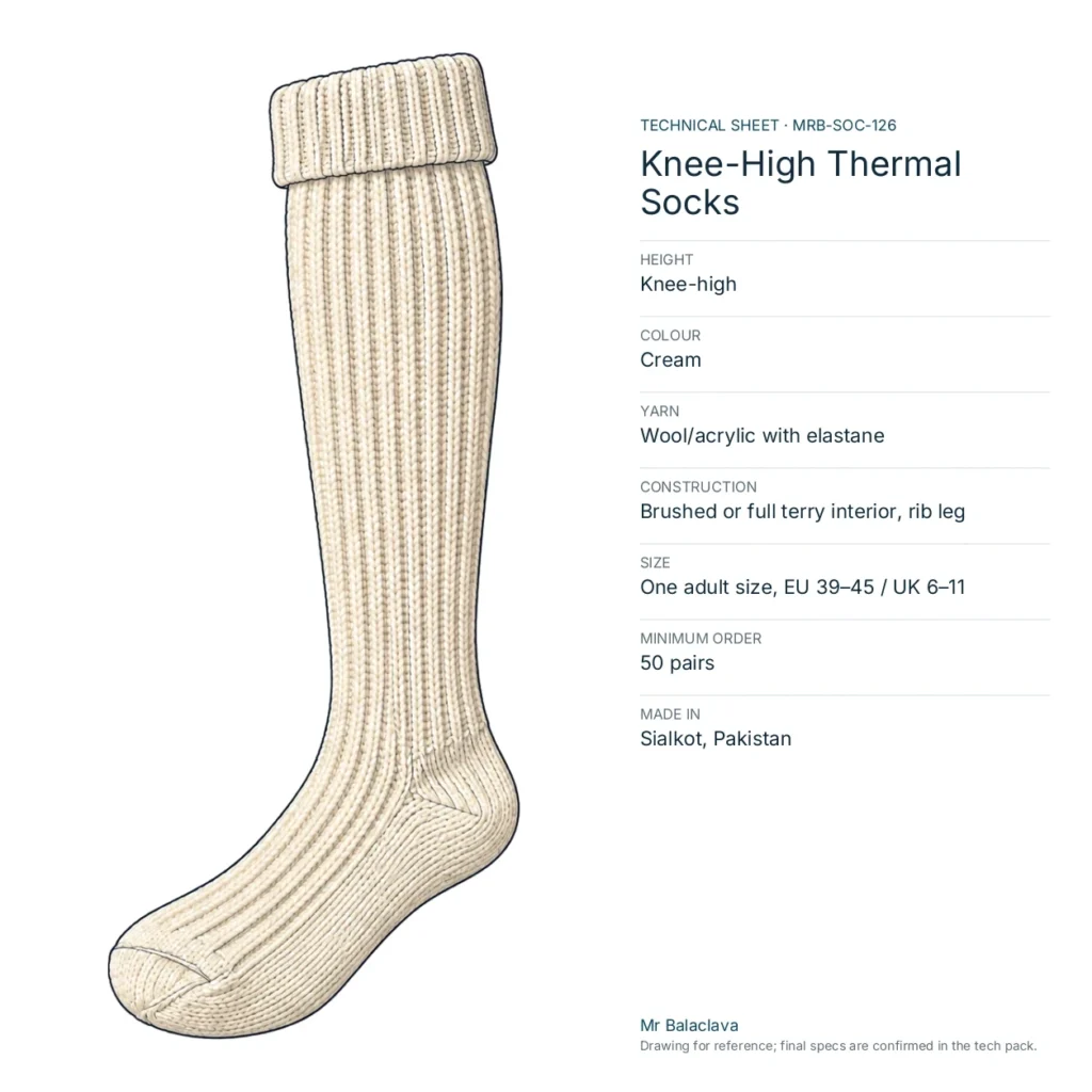 Technical drawing of the cream Knee-High Thermal Socks with height, yarn, size and minimum order