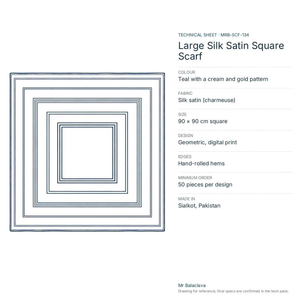 Technical drawing of the Large Silk Satin Square Scarf (teal with a cream and gold pattern) with fabric, size, design and minimum order