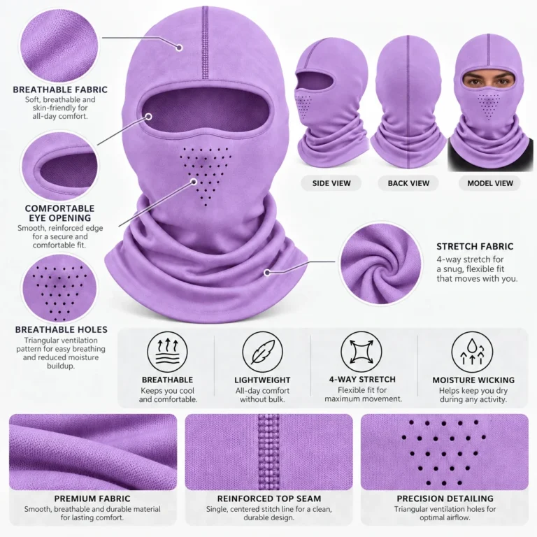 Lavender Summer Balaclava – Reinforced Top Seam, Moisture-Wicking: features and views