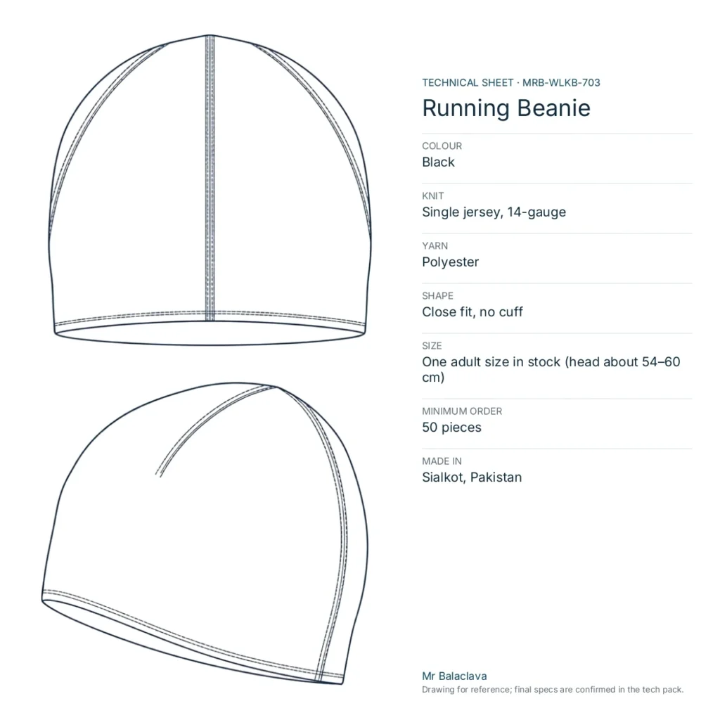 Technical drawing of the black Running Beanie with yarn, knit, size and minimum order