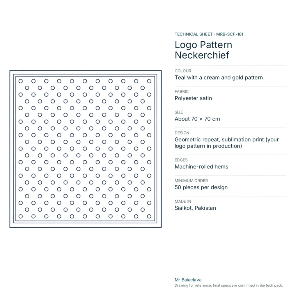 Technical drawing of the Logo Pattern Neckerchief (teal with a cream and gold pattern) with fabric, size, design and minimum order