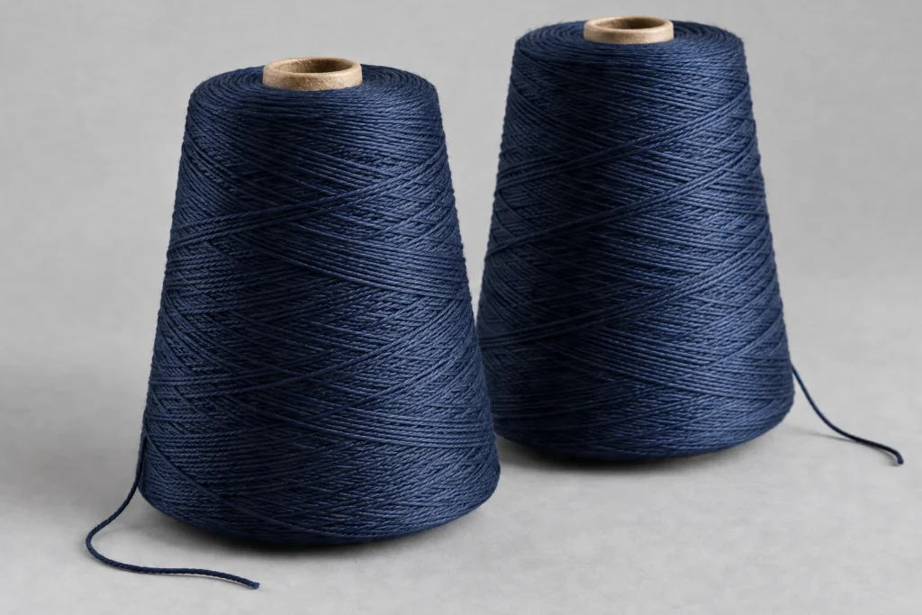 Dos conos sin etiqueta de hilo de algodón mercerizado azul marino para calcetines