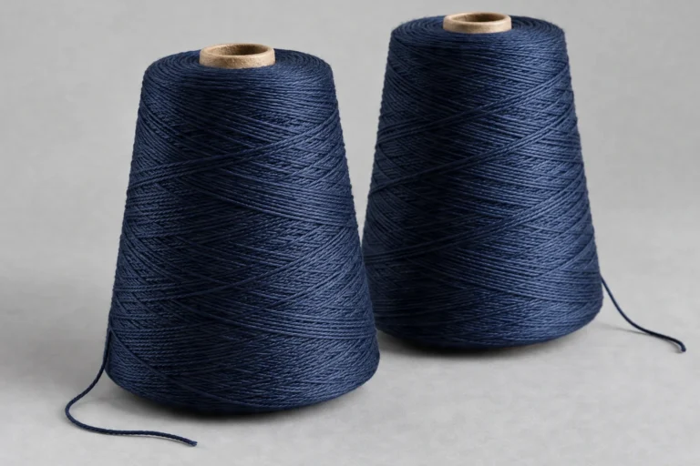 Two unlabelled cones of navy mercerized cotton sock yarn