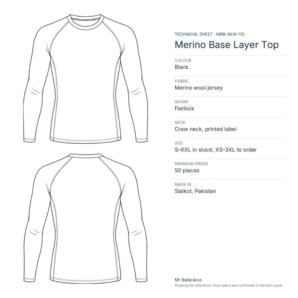 Technical drawing of the black Merino Base Layer Top with fabric, construction, size and minimum order