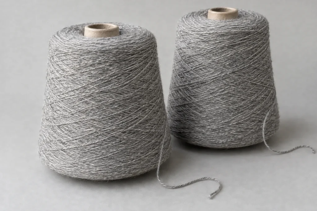 Fil mérinos/nylon pour chaussettes : deux cônes sans étiquette de fil de laine mérinos et nylon gris chiné pour chaussettes