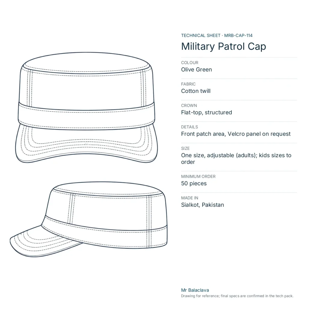 Technical drawing of the olive green Military Patrol Cap with fabric, construction, size and minimum order
