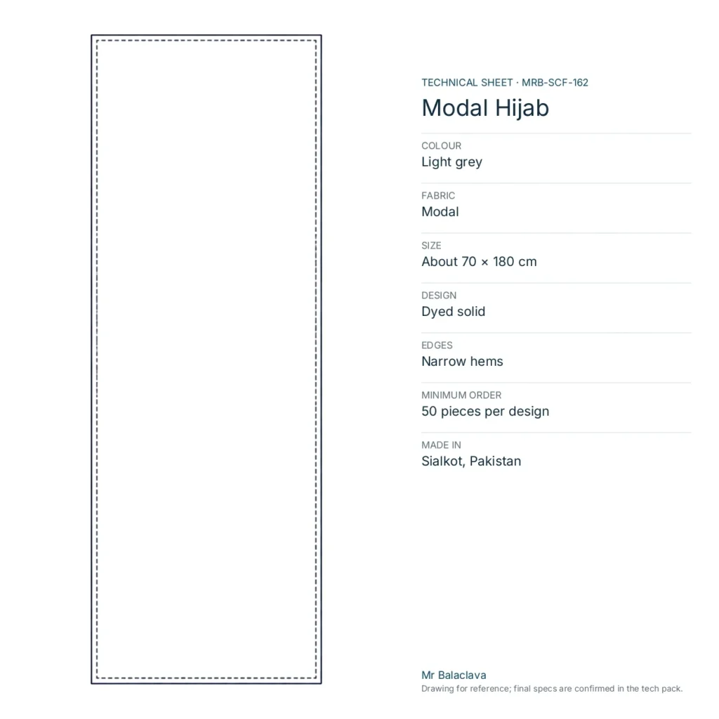 Technical drawing of the Modal Hijab (light grey) with fabric, size, design and minimum order