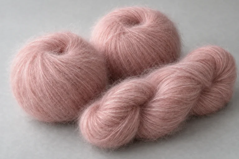 Mohair Yarn: dusty-pink mohair blend knitting yarn on a plain grey surface