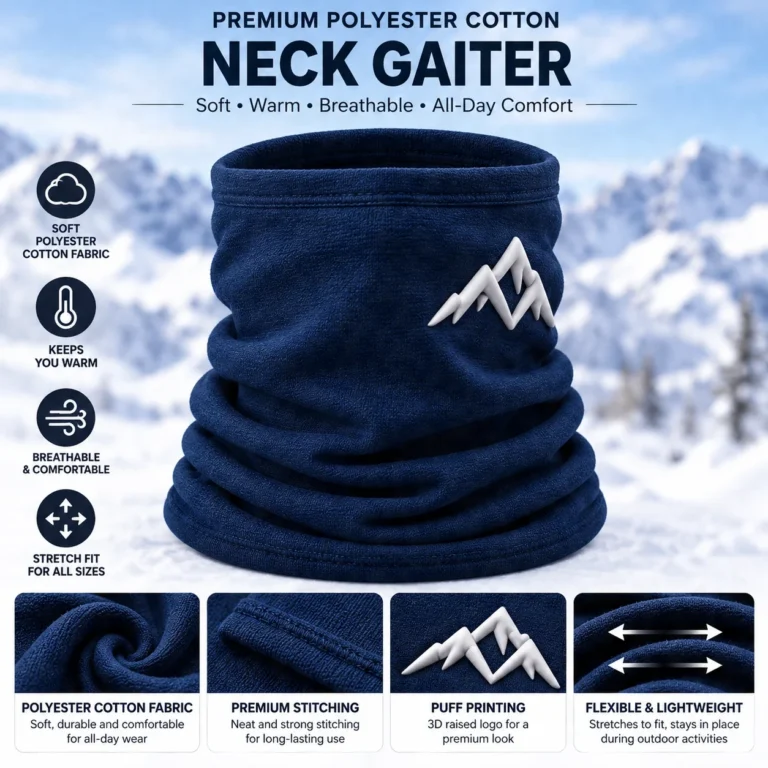 Custom Navy Neck Gaiter – Polyester-Cotton with Puff-Print Logo: features and views