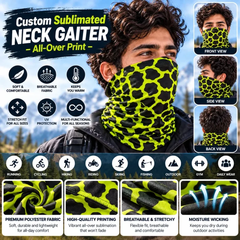 Custom Sublimated Neck Gaiter – All-Over Print: features and views