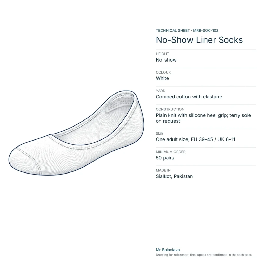 Technical drawing of the white No-Show Liner Socks with height, yarn, size and minimum order