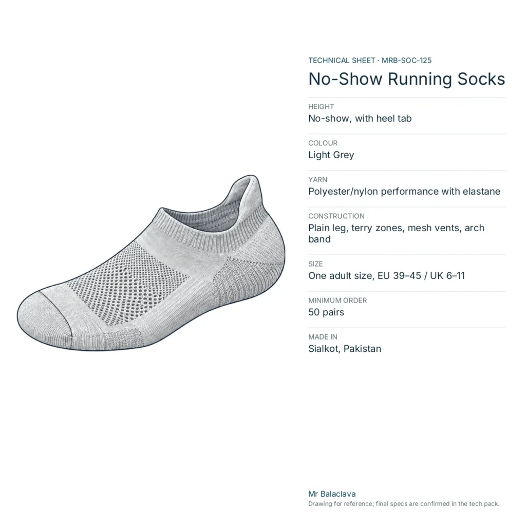 Technical drawing of the light grey No-Show Running Socks with height, yarn, size and minimum order