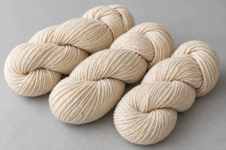 Organic Cotton Yarn: natural undyed ecru organic cotton knitting yarn on a plain grey surface