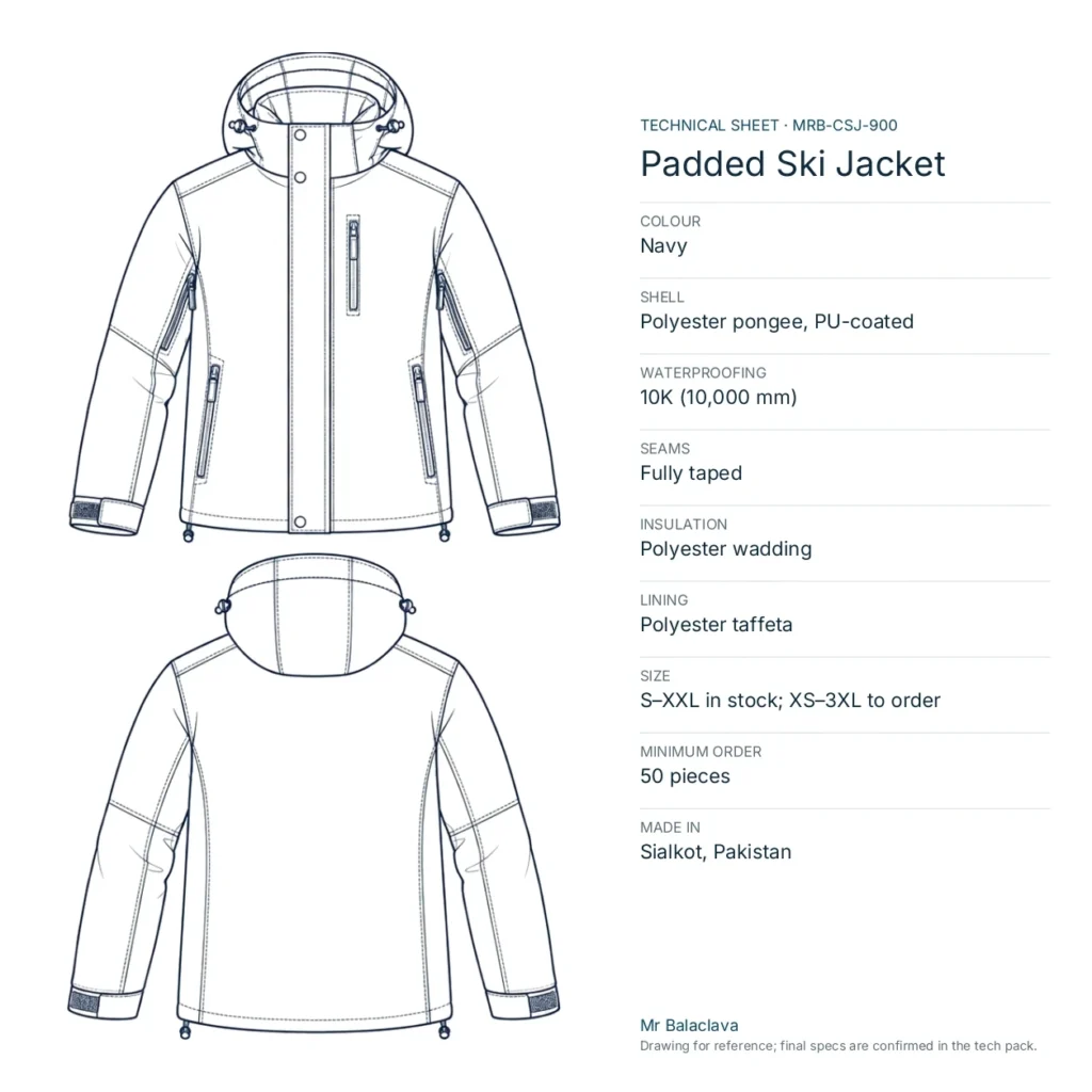 Technical drawing of the navy Padded Ski Jacket with fabric, construction, size and minimum order