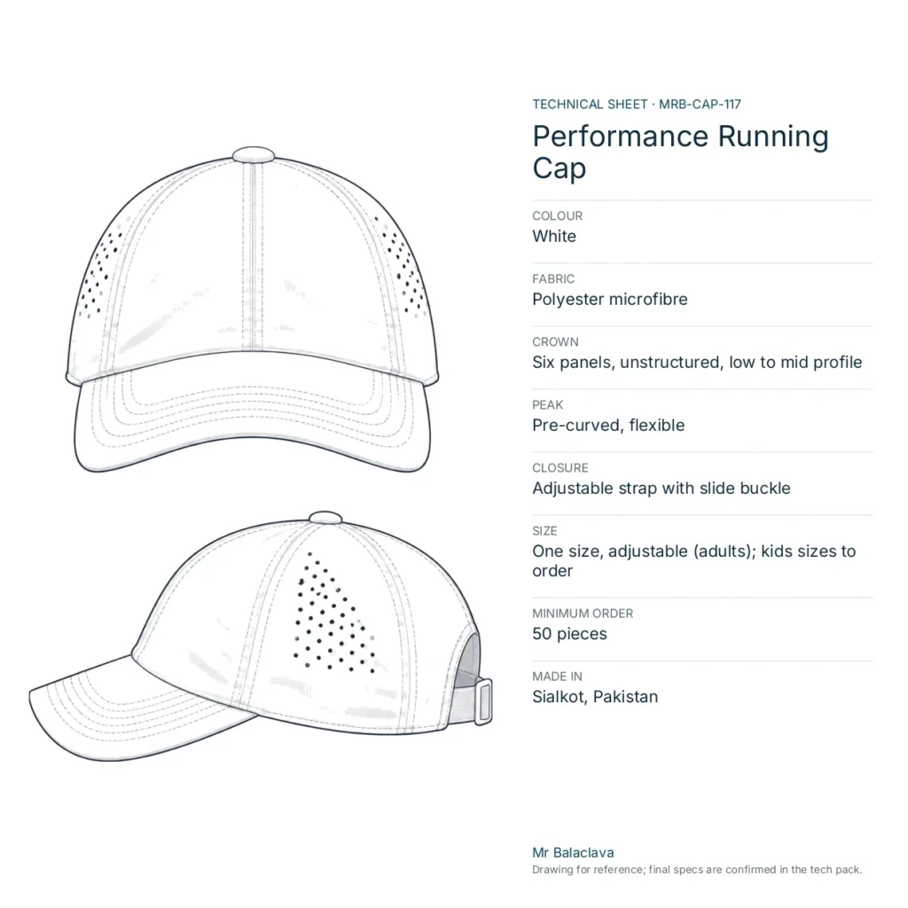 Technical drawing of the white Performance Running Cap with fabric, construction, size and minimum order
