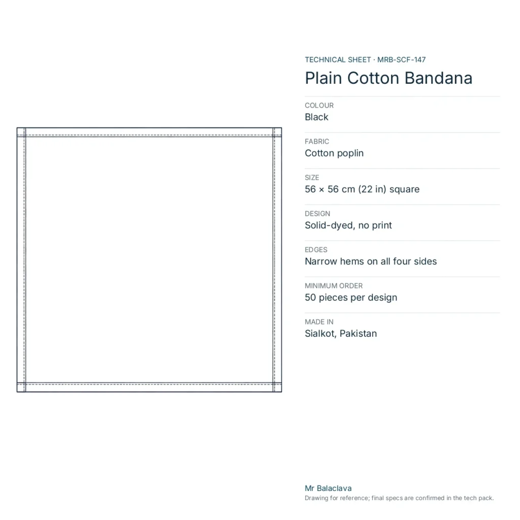 Technical drawing of the Plain Cotton Bandana (black) with fabric, size, design and minimum order