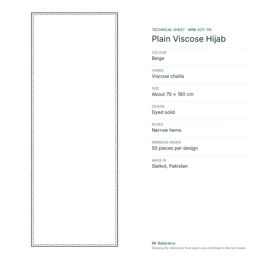Technical drawing of the Plain Viscose Hijab (beige) with fabric, size, design and minimum order