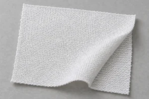Muestra de punto jersey de poliéster blanco con una esquina doblada para mostrar el revés