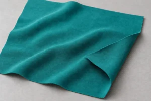 Muestra de punto de microfibra de poliéster verde azulado con caída suave y una esquina doblada