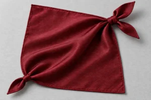 Polyester Twill (Silk-Touch): burgundy silk-touch twill square with two corners tied in a soft knot