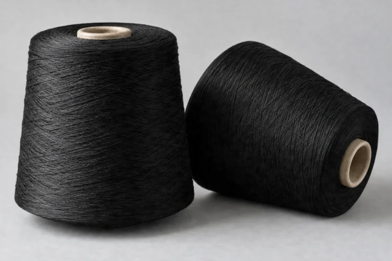 Polyester Yarn: black spun polyester knitting yarn on a plain grey surface