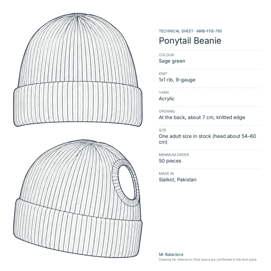 Technical drawing of the sage green Ponytail Beanie with yarn, knit, size and minimum order