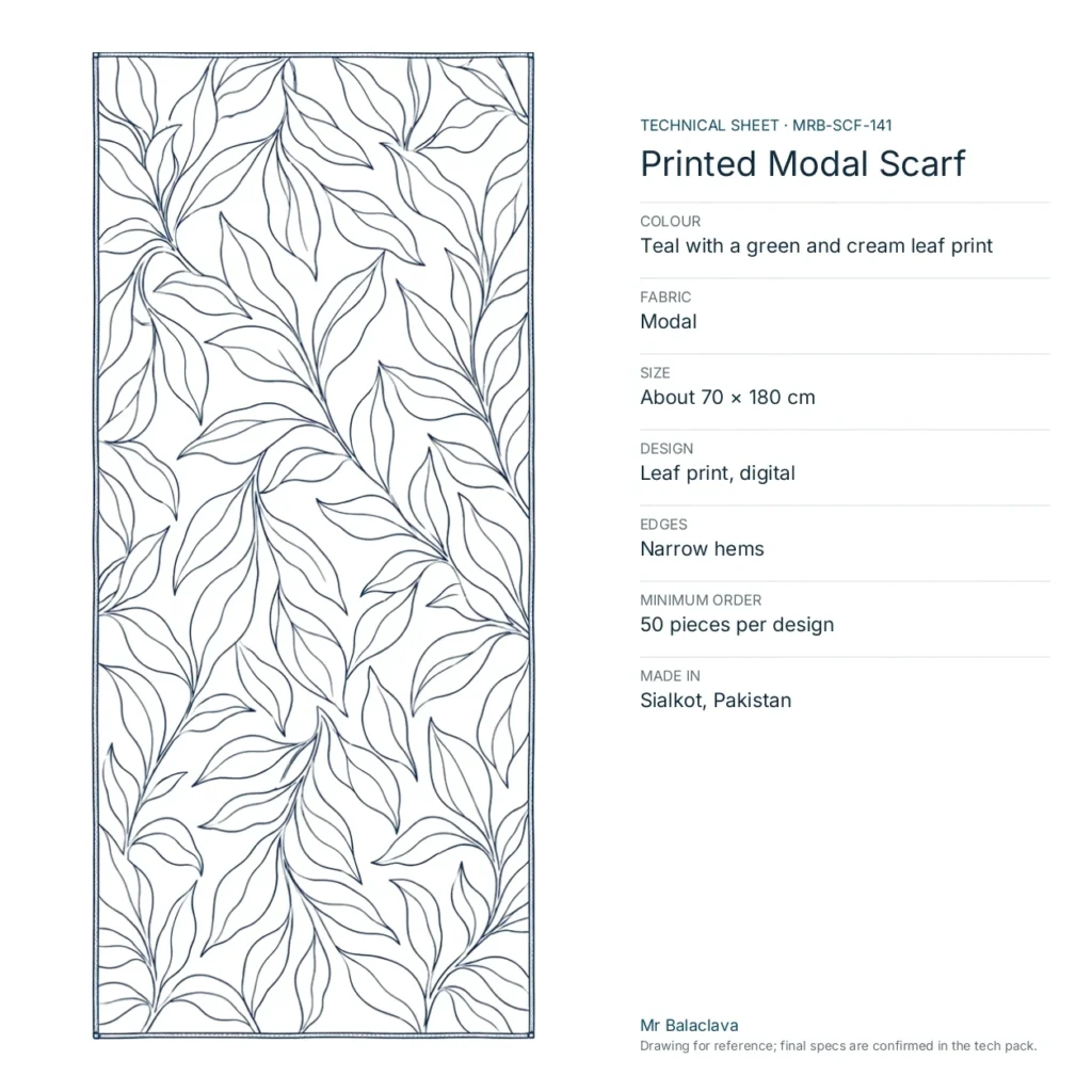 Technical drawing of the Printed Modal Scarf (teal with a green and cream leaf print) with fabric, size, design and minimum order