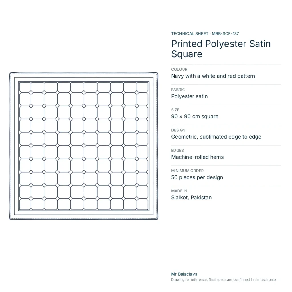 Technical drawing of the Printed Polyester Satin Square (navy with a white and red pattern) with fabric, size, design and minimum order