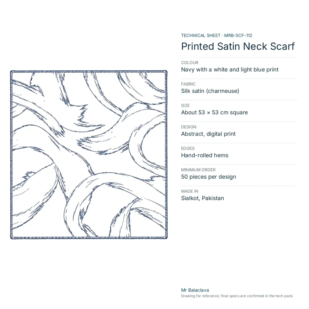 Technical drawing of the Printed Satin Neck Scarf (navy with a white and light blue print) with fabric, size, design and minimum order