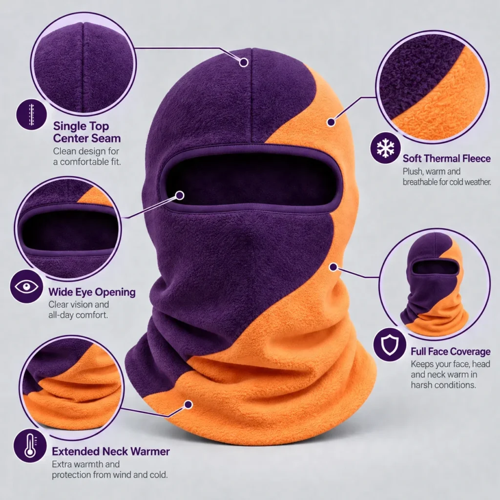 Pasamontañas polar morado y naranja – cuello calentador alargado: características y vistas