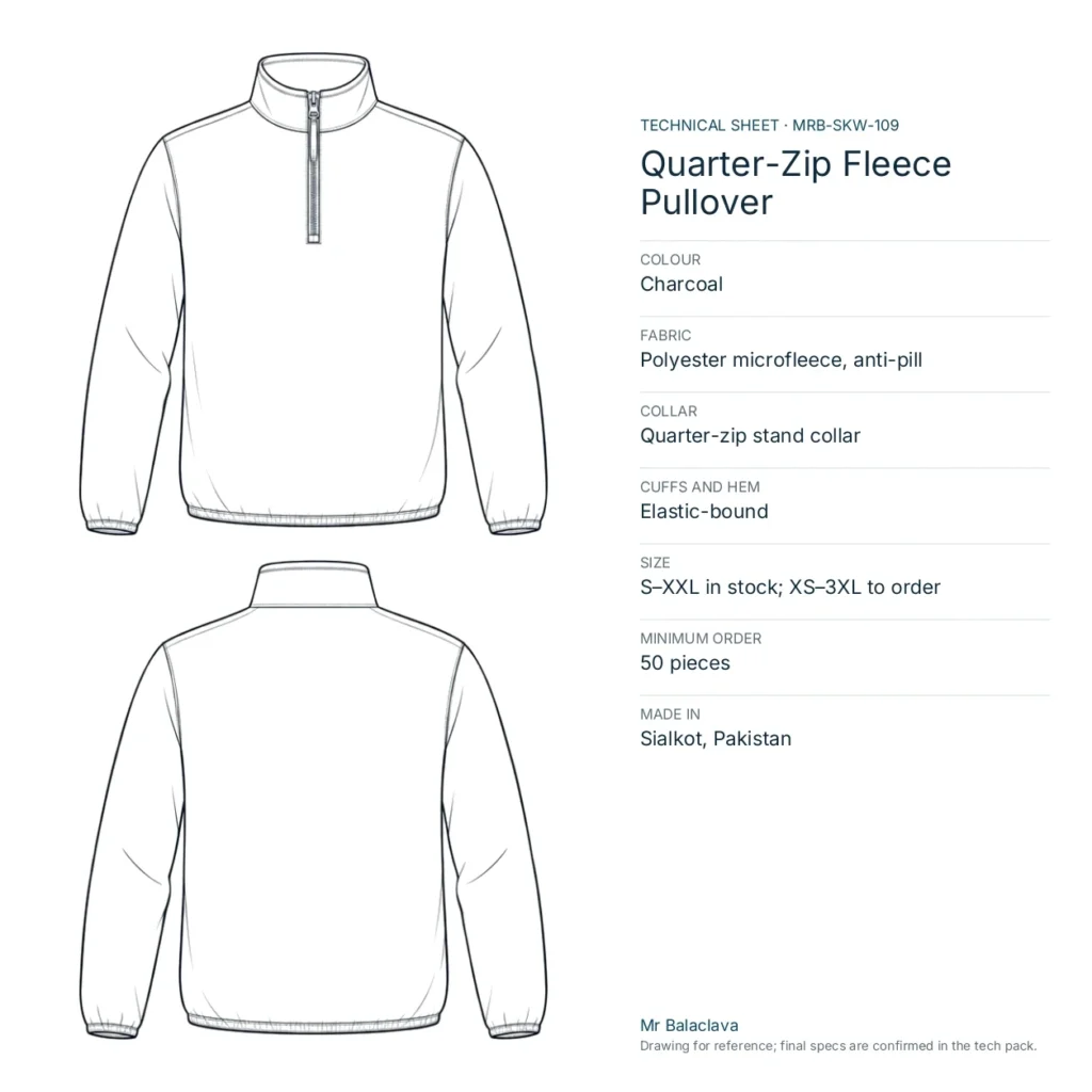 Technical drawing of the charcoal Quarter-Zip Fleece Pullover with fabric, construction, size and minimum order