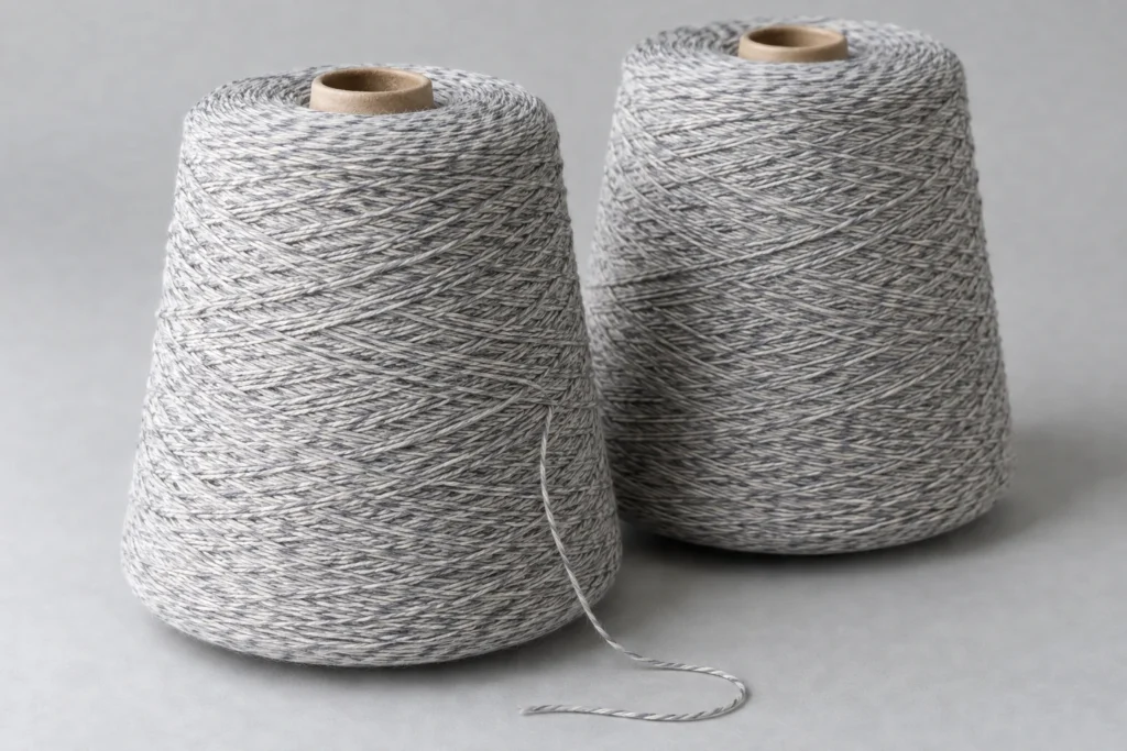 Recycled Polyester Sock Yarn (RPET): two unlabelled cones of light grey melange recycled polyester sock yarn