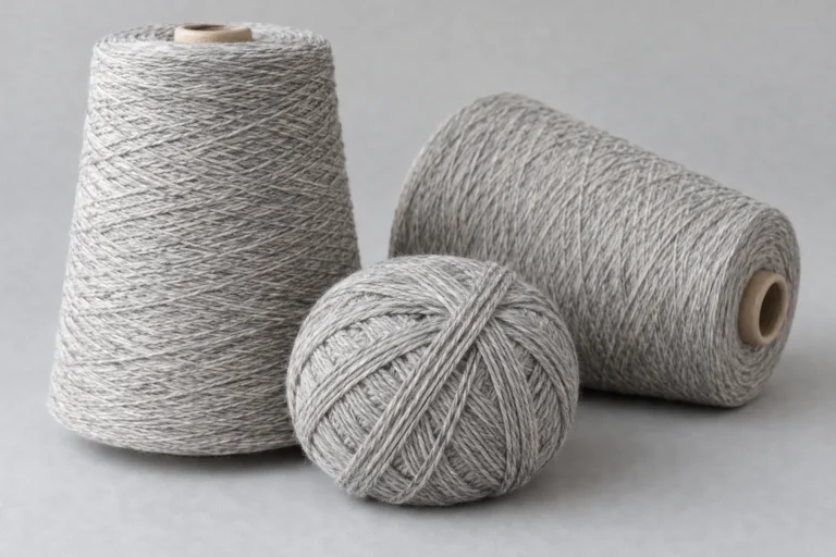 Recycled Polyester Yarn: light heather-grey recycled polyester knitting yarn on a plain grey surface