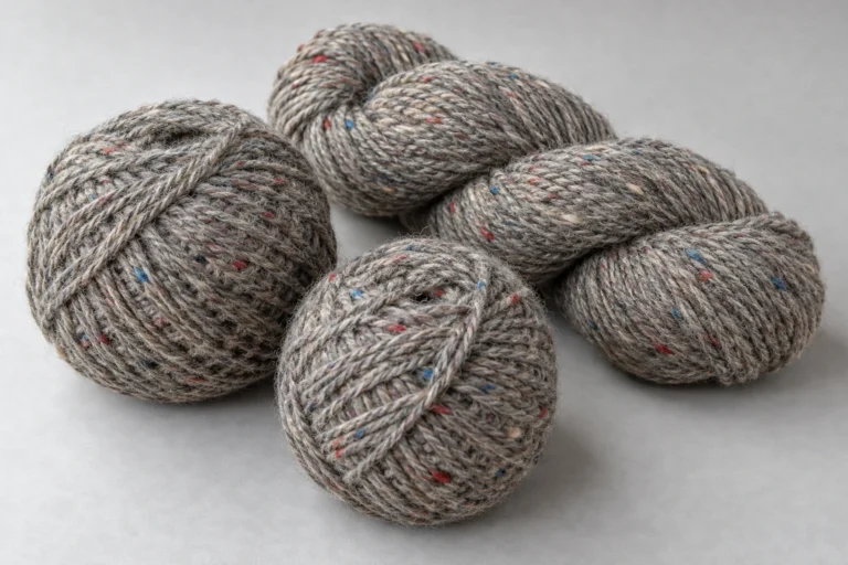Recycled Wool Yarn: grey melange recycled wool knitting yarn with small multicoloured fibre flecks on a plain grey surface