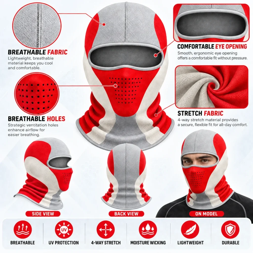 Pasamontañas de verano de paneles rojo y gris – orificios de ventilación, elasticidad en cuatro direcciones: características y vistas