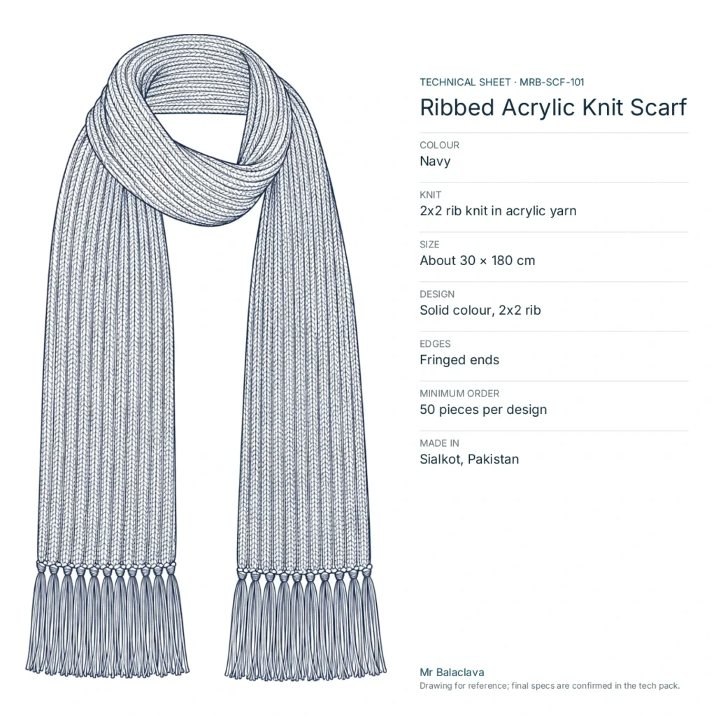 Technical drawing of the Ribbed Acrylic Knit Scarf (navy) with fabric, size, design and minimum order