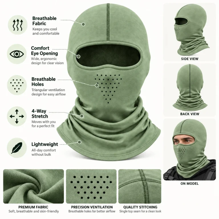 Sage Green Stretch Balaclava – Single Top Seam, Four-Way Stretch: features and views