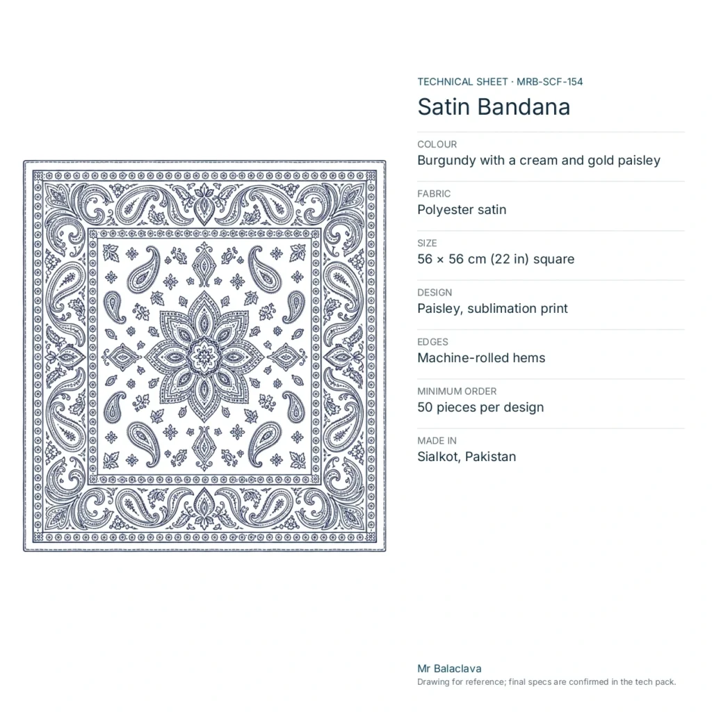Technical drawing of the Satin Bandana (burgundy with a cream and gold paisley) with fabric, size, design and minimum order