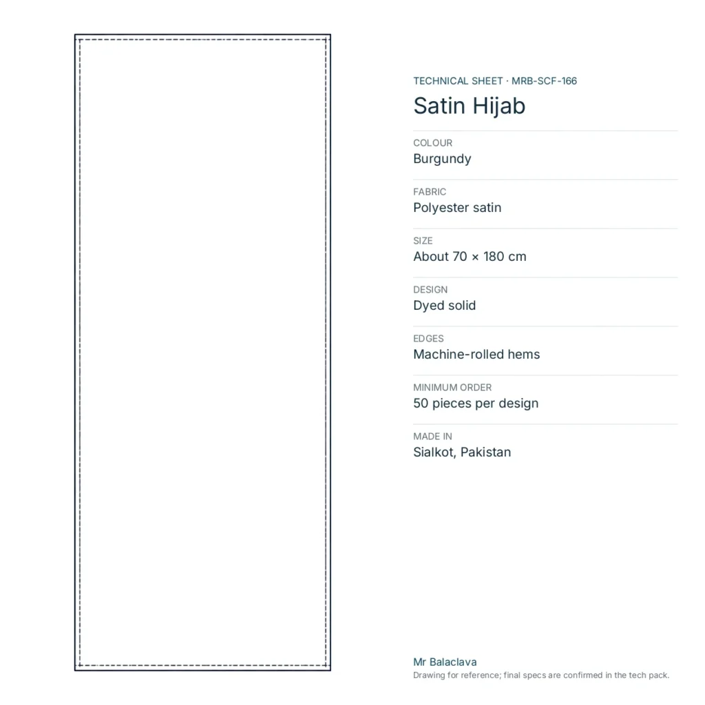 Technical drawing of the Satin Hijab (burgundy) with fabric, size, design and minimum order
